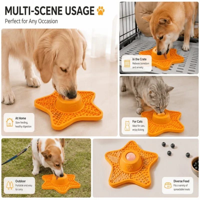Innovative Two-in-One Star-Shaped Slow Feeder Lick Mat for All Breeds of Dogs and Cats – Our Original 5-Point Silicone Pad with Rolling Ball Insert Helps Prevent Choking, Reduces Anxiety, and Promotes Oral Health Through Extended Licking (Blue)