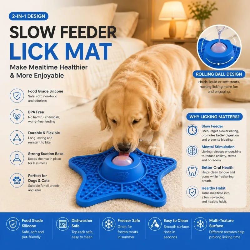 Innovative Two-in-One Star-Shaped Slow Feeder Lick Mat for All Breeds of Dogs and Cats – Our Original 5-Point Silicone Pad with Rolling Ball Insert Helps Prevent Choking, Reduces Anxiety, and Promotes Oral Health Through Extended Licking (Orange)