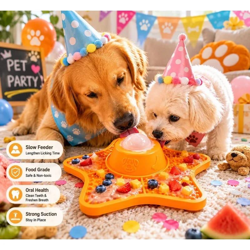 Innovative Two-in-One Star-Shaped Slow Feeder Lick Mat for All Breeds of Dogs and Cats – Our Original 5-Point Silicone Pad with Rolling Ball Insert Helps Prevent Choking, Reduces Anxiety, and Promotes Oral Health Through Extended Licking (Orange)