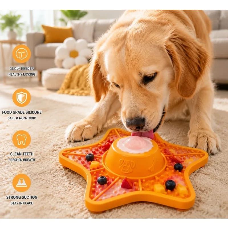 Innovative Two-in-One Star-Shaped Slow Feeder Lick Mat for All Breeds of Dogs and Cats – Our Original 5-Point Silicone Pad with Rolling Ball Insert Helps Prevent Choking, Reduces Anxiety, and Promotes Oral Health Through Extended Licking (Orange)