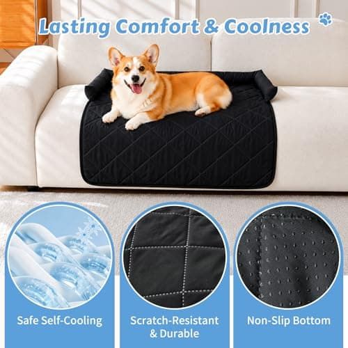 Cooling Pet Mat with Bolster Side Support – Scratch-Resistant, Self-Cooling, Non-Slip Base for Cats & Small to Medium Dogs, Perfect for Sofa, Floor, Car, or Outdoor Use (S, Black)