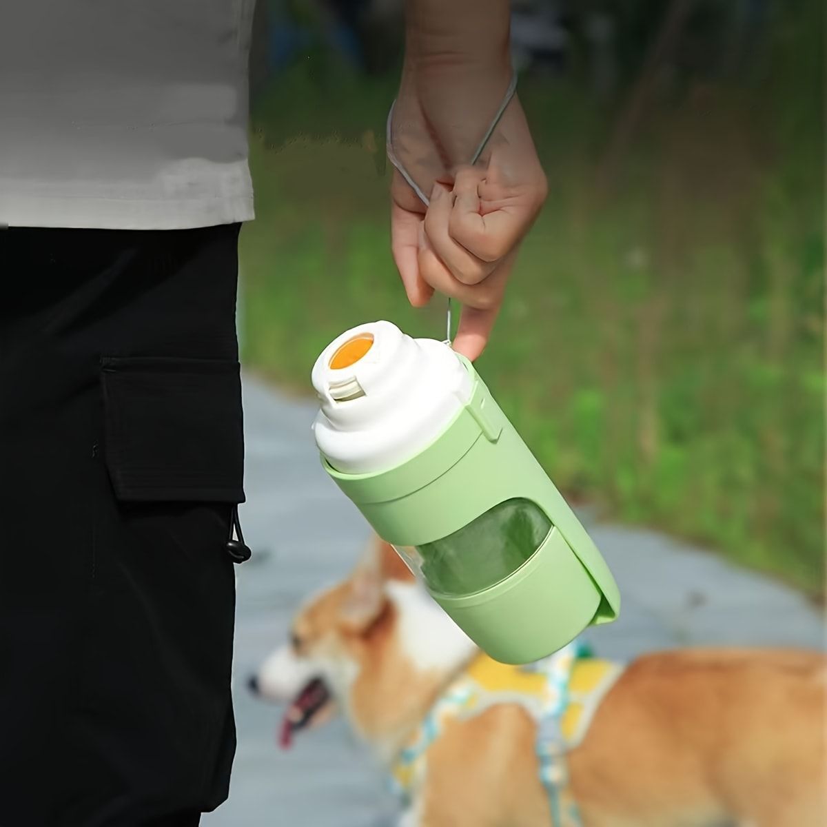 Portable Dog Water Bottle – Leak-Proof Pet Water Dispenser with Food Storage, Ideal for Outdoor Walks, Camping, and Travel (Green)