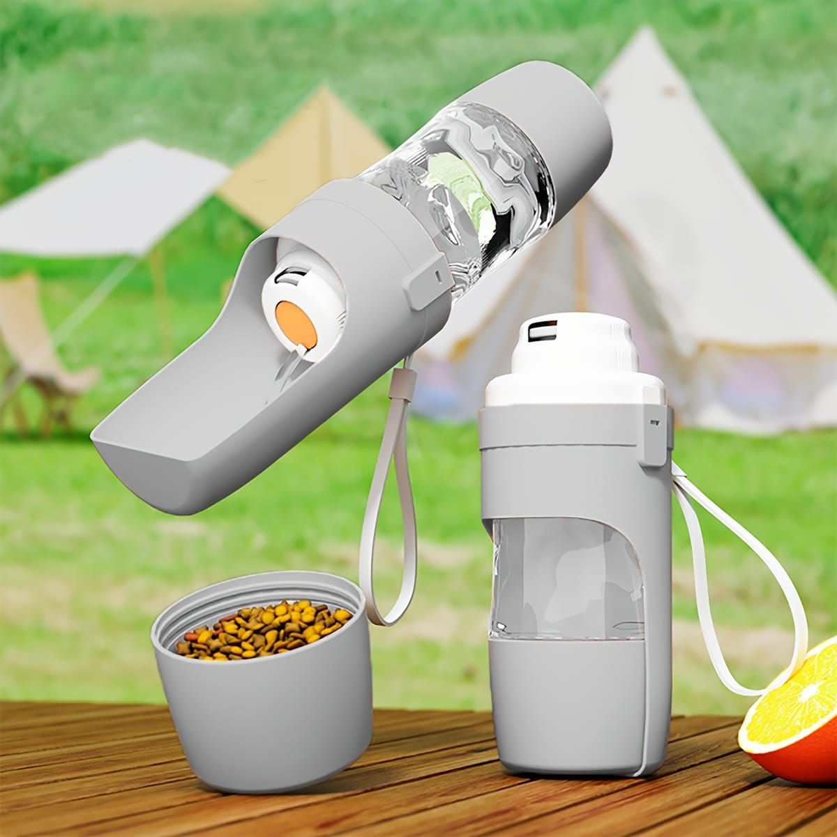Portable Dog Water Bottle – Leak-Proof Pet Water Dispenser with Food Storage, Ideal for Outdoor Walks, Camping, and Travel (Grey)