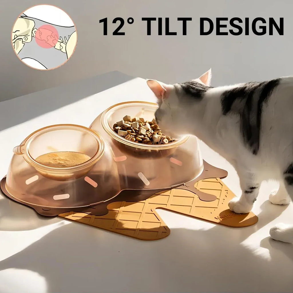 Detachable Ice Cream Shaped Bowls Pet Set Feeding Mat Spoon Cats Small Dogs - Brown
