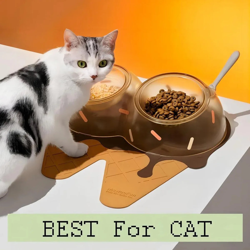 Detachable Ice Cream Shaped Bowls Pet Set Feeding Mat Spoon Cats Small Dogs - Brown