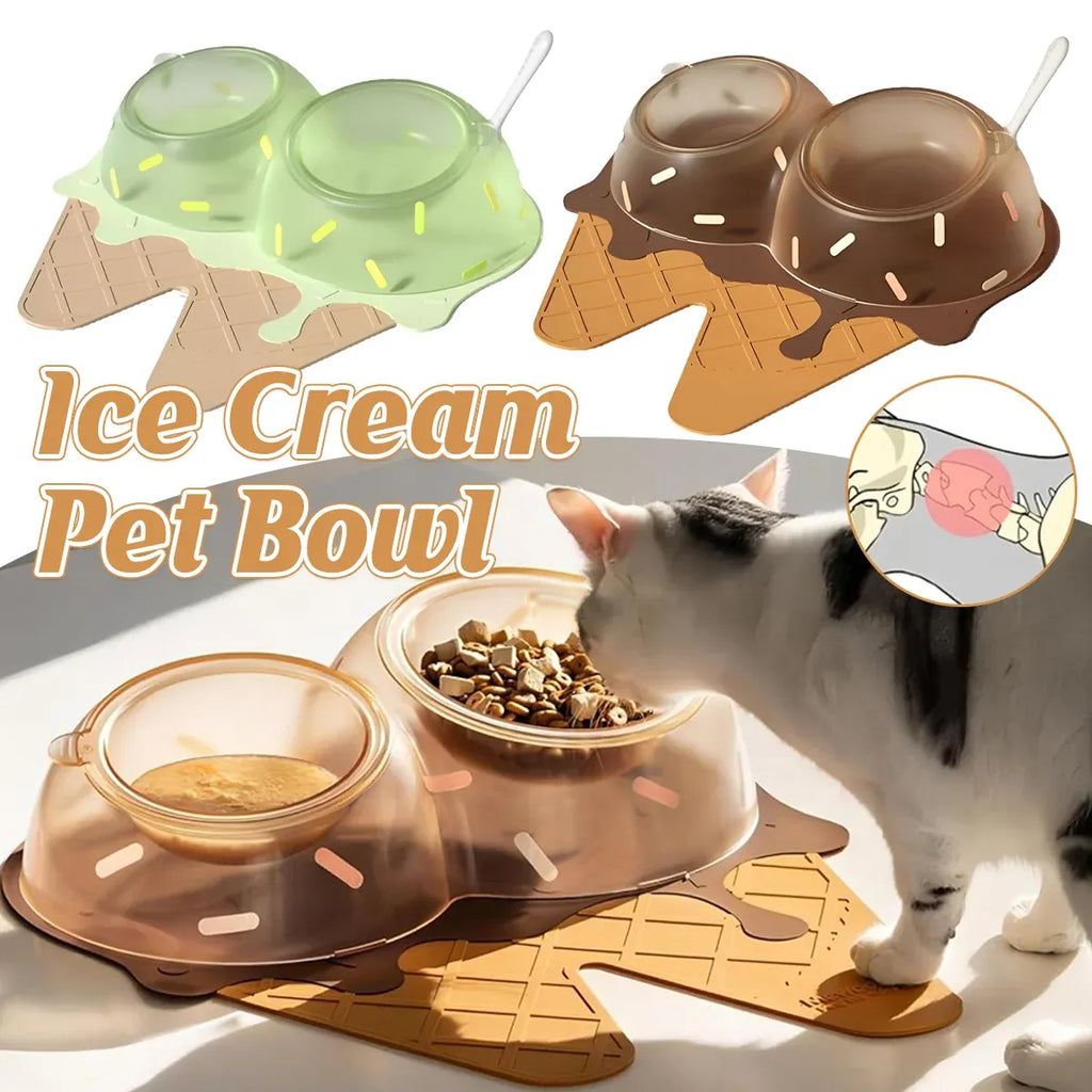 Detachable Ice Cream Shaped Bowls Pet Set Feeding Mat Spoon Cats Small Dogs - Green