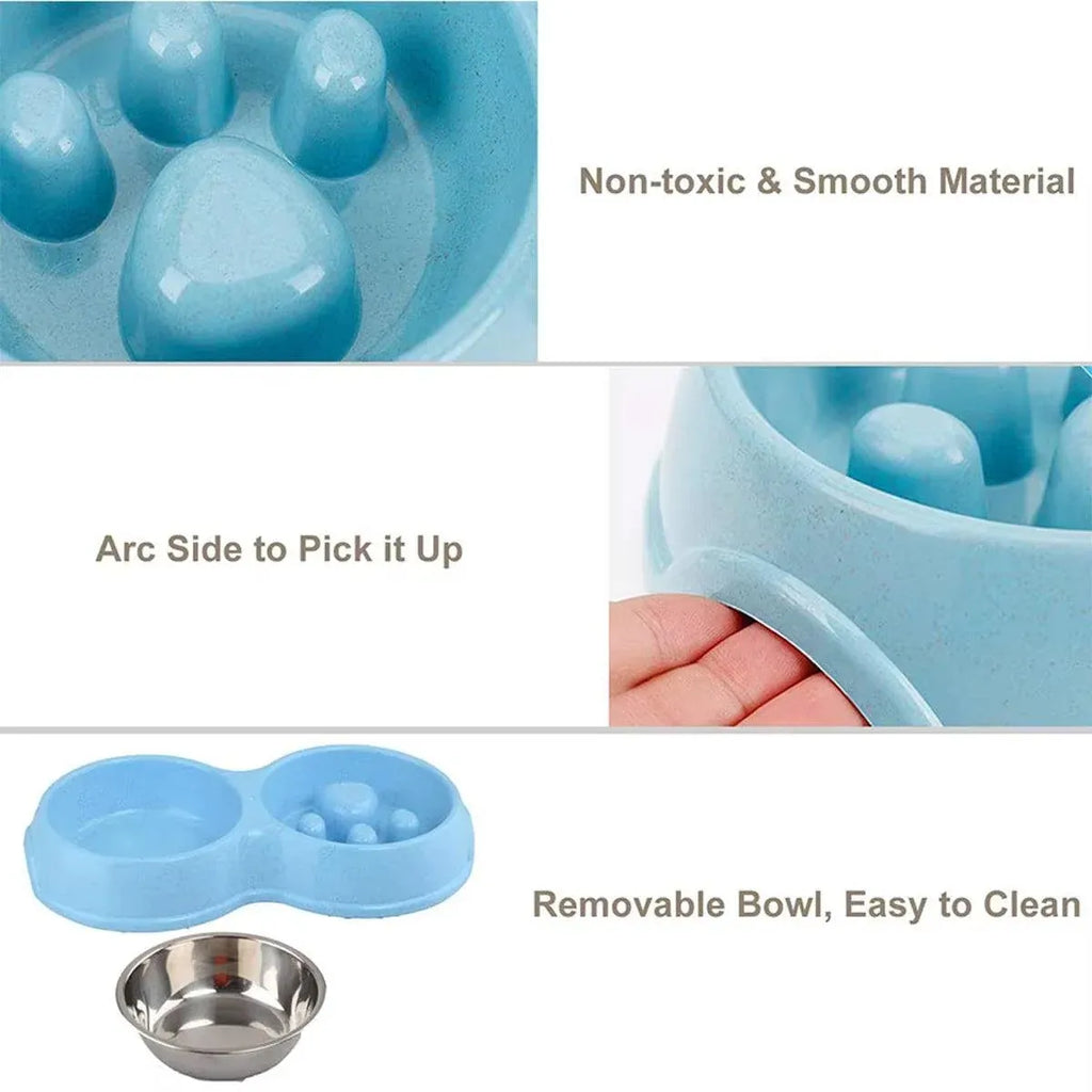 Dog Slow Feeder Double Bowl Pet Food and Water Dish - Green