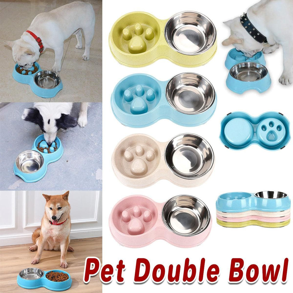 Dog Slow Feeder Double Bowl Pet Food and Water Dish - Pink