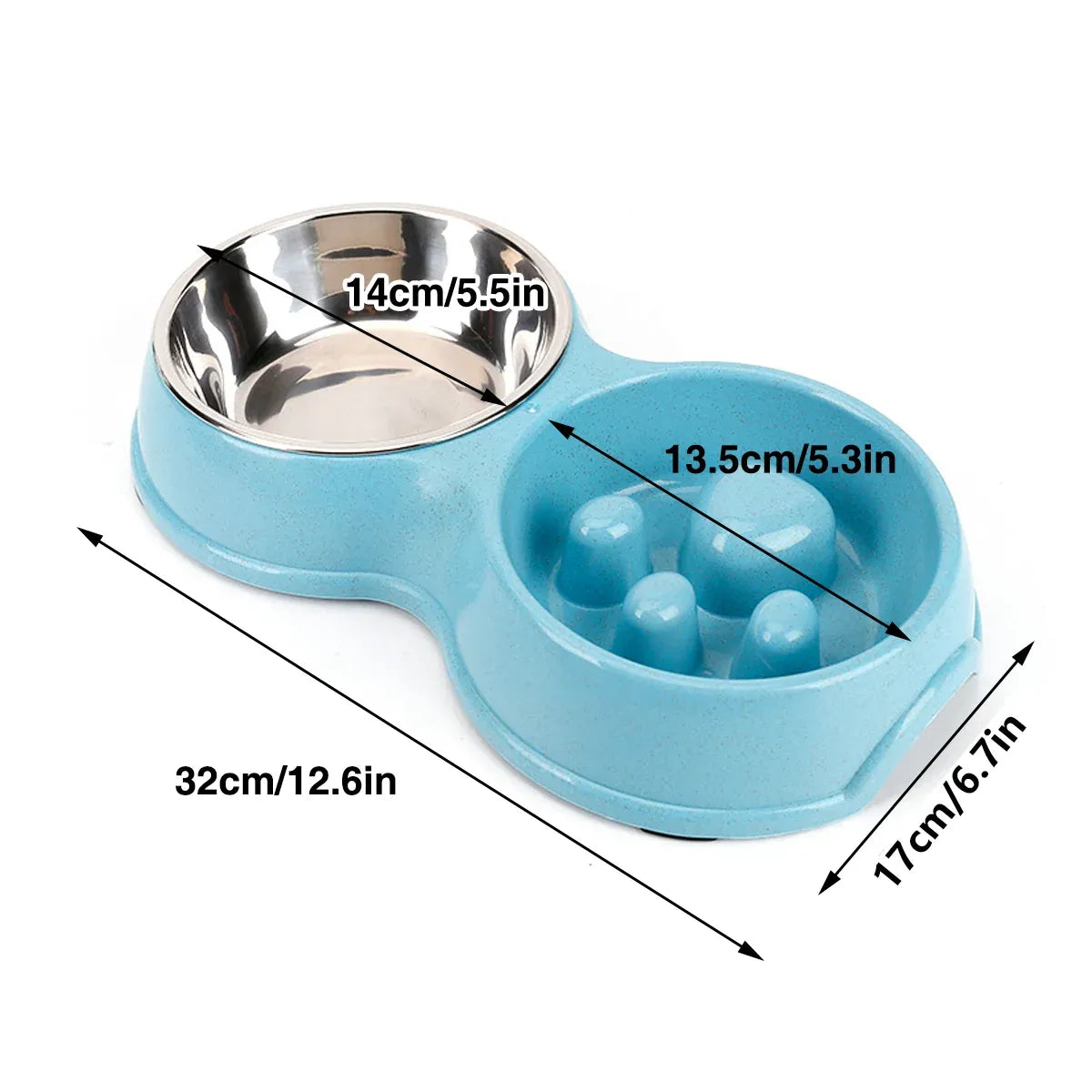 Dog Slow Feeder Double Bowl Pet Food and Water Dish - White