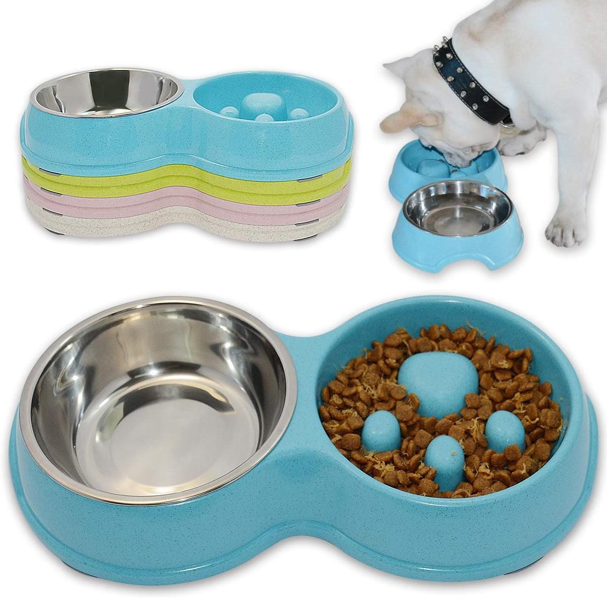 Dog Slow Feeder Double Bowl Pet Food and Water Dish - White