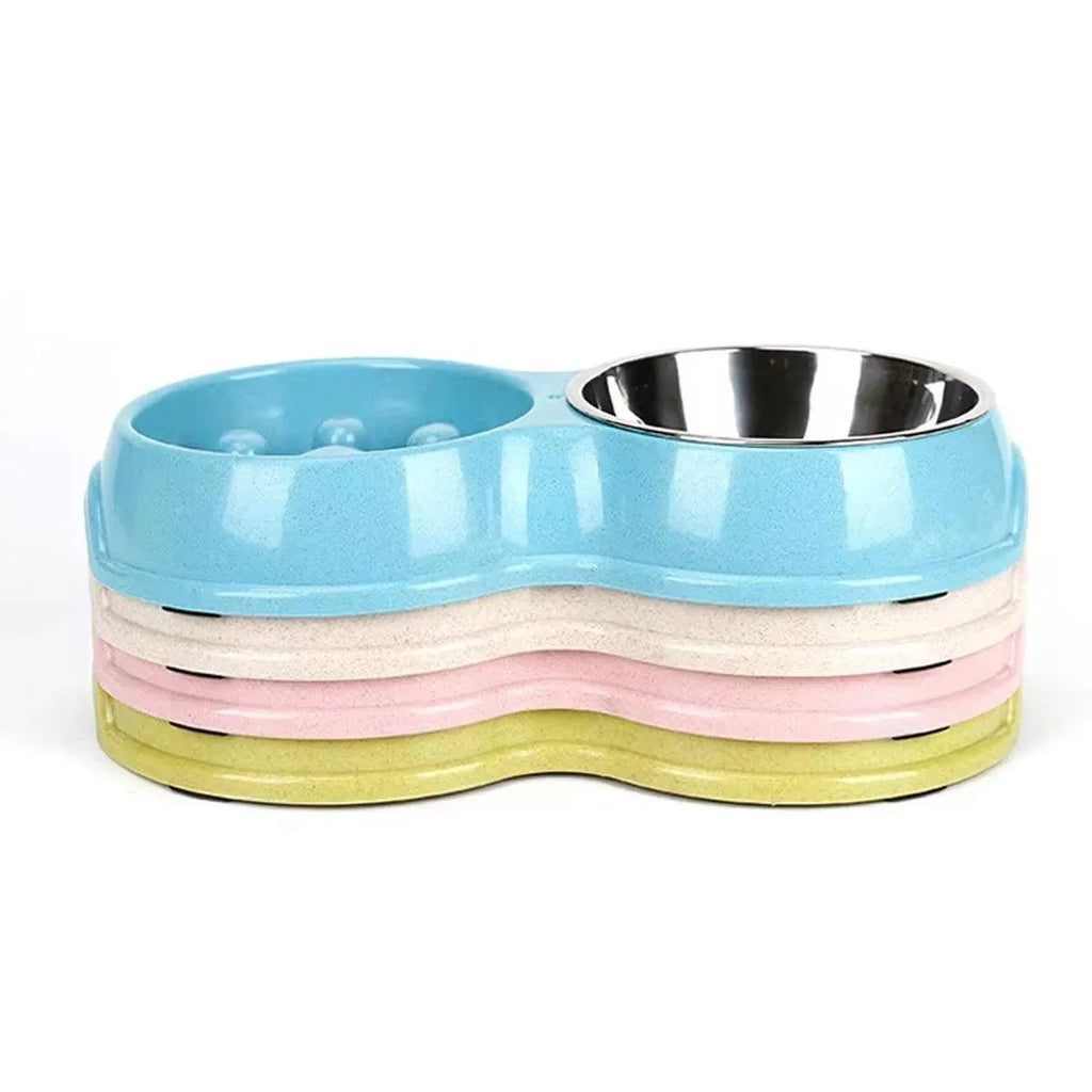 Dog Slow Feeder Double Bowl Pet Food and Water Dish - White