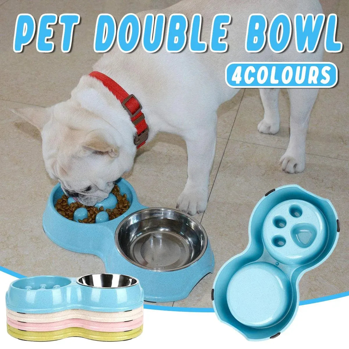 Dog Slow Feeder Double Bowl Pet Food and Water Dish - White