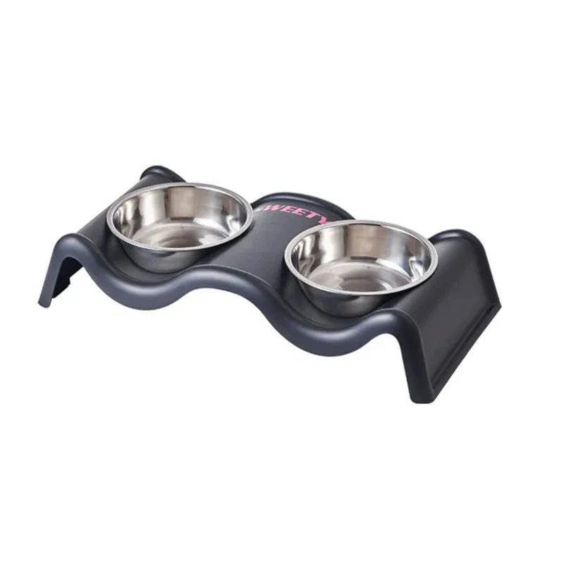 Pet Bowls Stainless Steel Double Bowl Wavy Cat Dog Feeding Dish Nonslip Base - Black