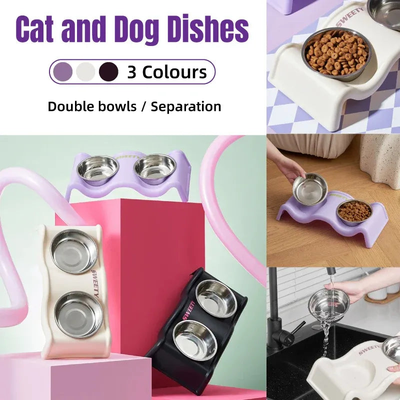 Pet Bowls Stainless Steel Double Bowl Wavy Cat Dog Feeding Dish Nonslip Base - Black