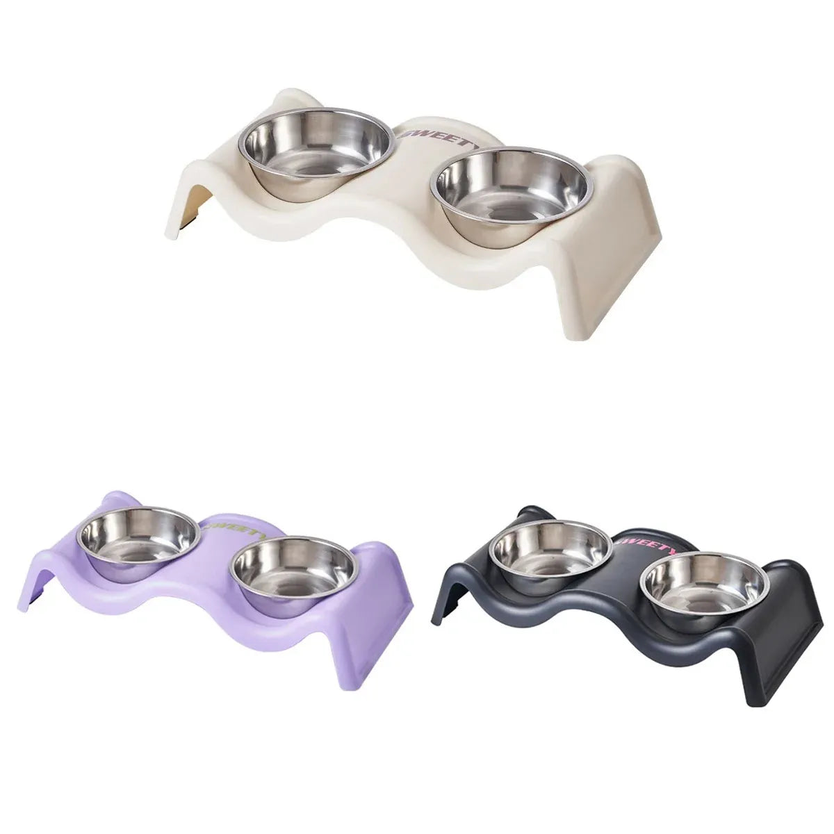 Pet Bowls Stainless Steel Double Bowl Wavy Cat Dog Feeding Dish Nonslip Base - Black