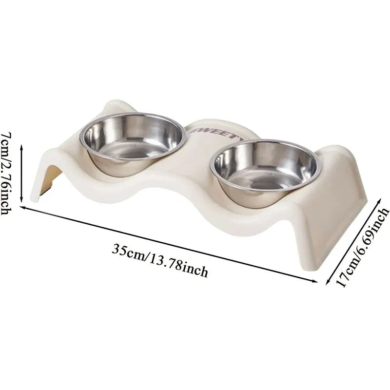 Pet Bowls Stainless Steel Double Bowl Wavy Cat Dog Feeding Dish Nonslip Base - Black