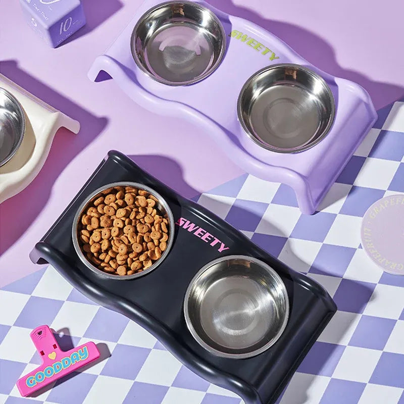 Pet Bowls Stainless Steel Double Bowl Wavy Cat Dog Feeding Dish Nonslip Base - Black