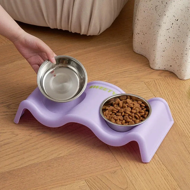 Pet Bowls Stainless Steel Double Bowl Wavy Cat Dog Feeding Dish Nonslip Base - Black