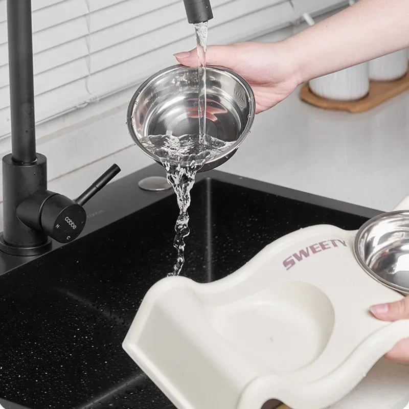Pet Bowls Stainless Steel Double Bowl Wavy Cat Dog Feeding Dish Nonslip Base - Black