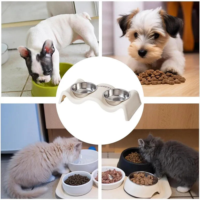 Pet Bowls Stainless Steel Double Bowl Wavy Cat Dog Feeding Dish Nonslip Base - Black