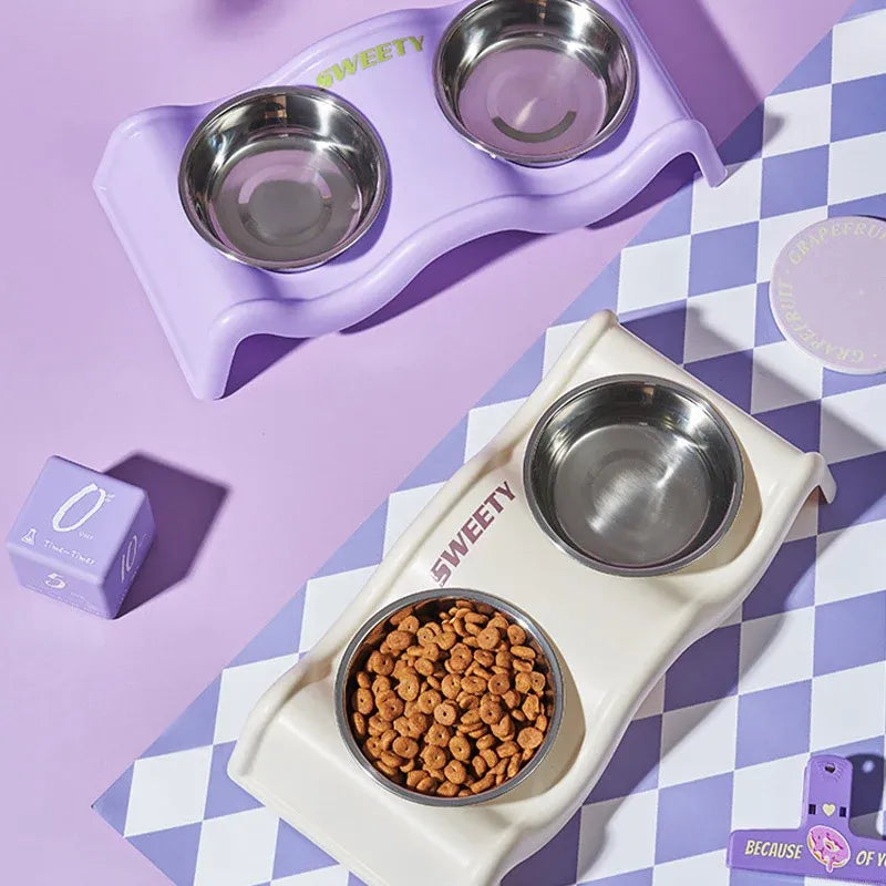 Pet Bowls Stainless Steel Double Bowl Wavy Cat Dog Feeding Dish Nonslip Base - Black