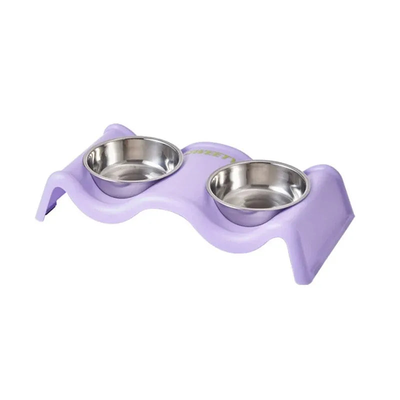 Pet Bowls Stainless Steel Double Bowl Wavy Cat Dog Feeding Dish Nonslip Base - Purple