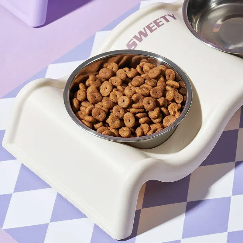 Pet Bowls Stainless Steel Double Bowl Wavy Cat Dog Feeding Dish Nonslip Base - Purple