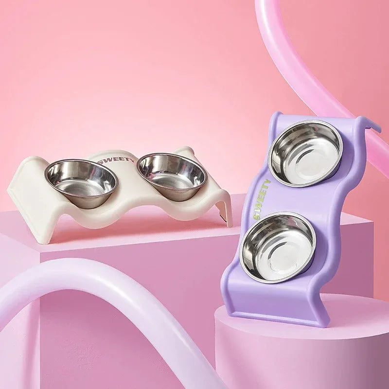 Pet Bowls Stainless Steel Double Bowl Wavy Cat Dog Feeding Dish Nonslip Base - White