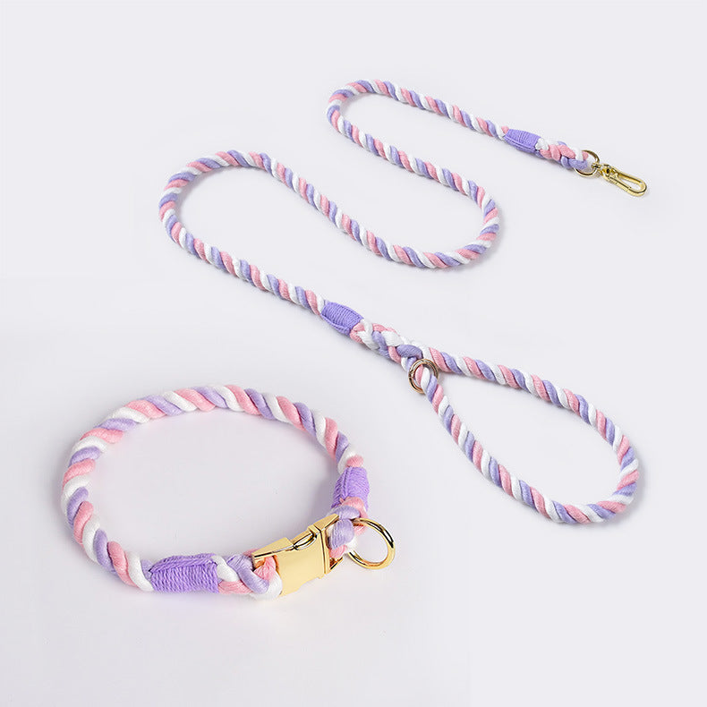 Handmade Gradient Rope Dog Collar & Leash Set - Pink Purple Swirl