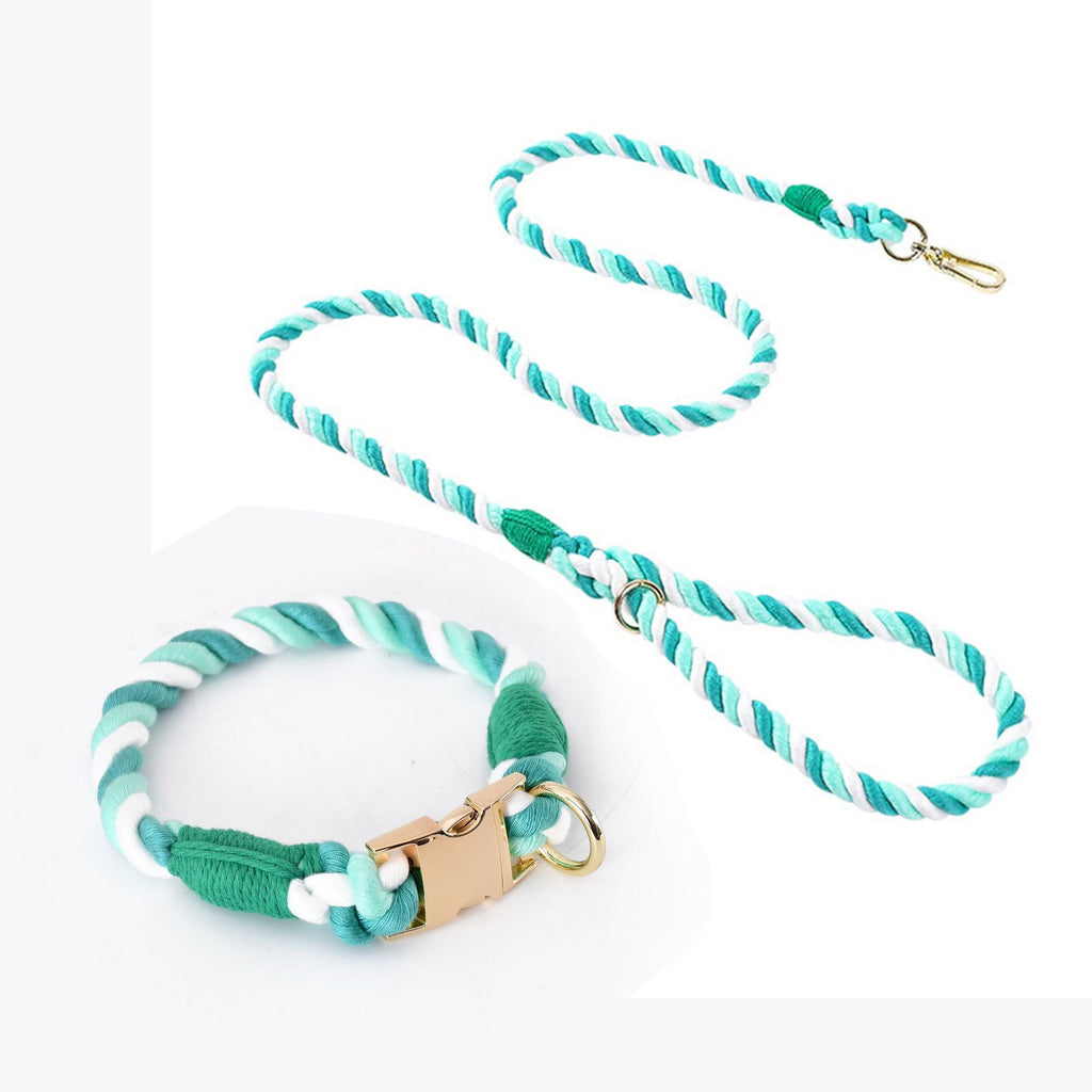 Handmade Gradient Rope Dog Collar & Leash Set - Green Swirl
