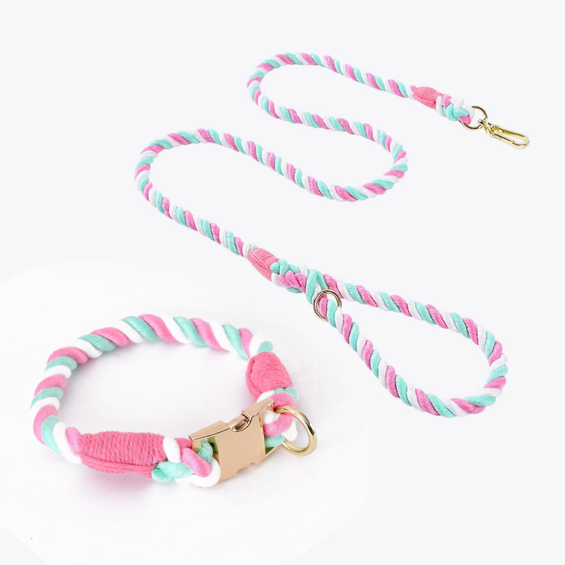 Handmade Rope Dog Collar and Leash Set- Pink Green Swirl