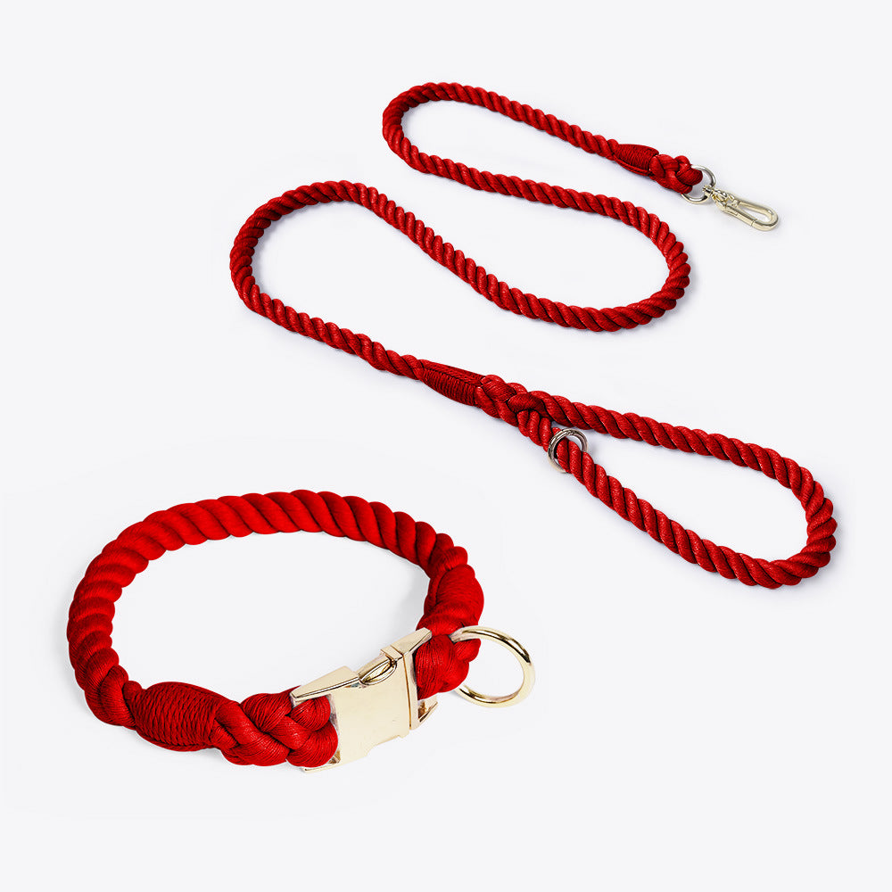 Handmade Rope Dog Collar and Leash Set- Red Wine