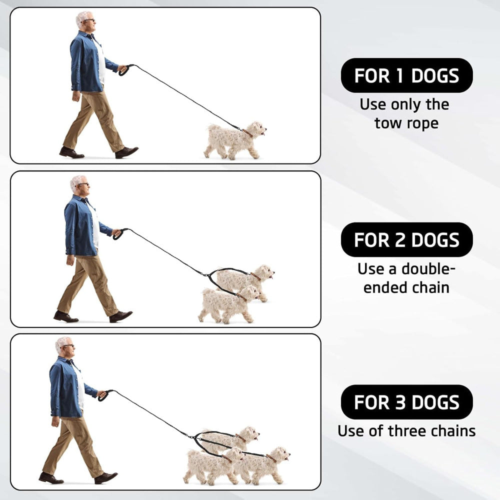Blue 3-in-1 Tangle-Free Dog Leash for 1-3 Dogs - Heavy Duty Bungee Coupler with Reflective Stitching & Padded Handle