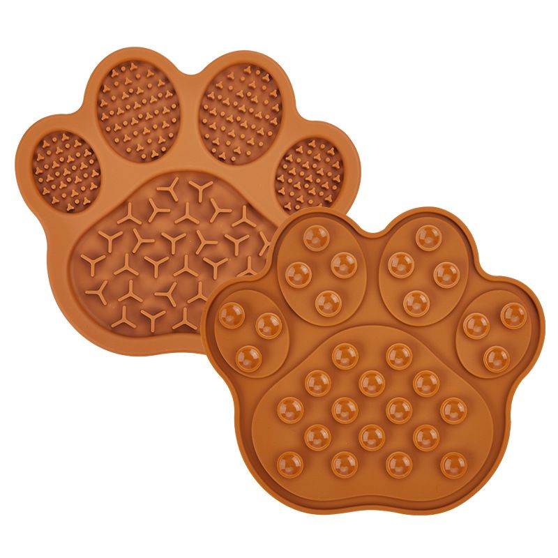 Brown Silicone Slow Feeder Lick Mat for Dogs and Cats - Paw Shaped Non Slip Pet Bowl with Suction Cups - BPA Free, Dishwasher Safe, Freezer Safe, Anxiety Relief, Easy Clean, 20x17cm - Pink, Brown, Yellow