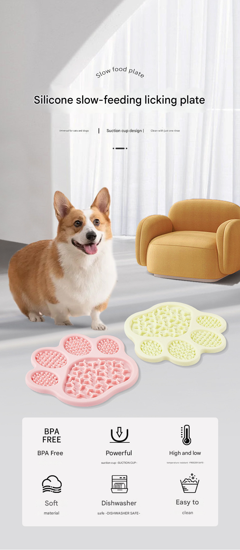 Pink Silicone Slow Feeder Lick Mat for Dogs and Cats - Paw Shaped Non Slip Pet Bowl with Suction Cups - BPA Free, Dishwasher Safe, Freezer Safe, Anxiety Relief, Easy Clean, 20x17cm - Pink, Brown, Yellow