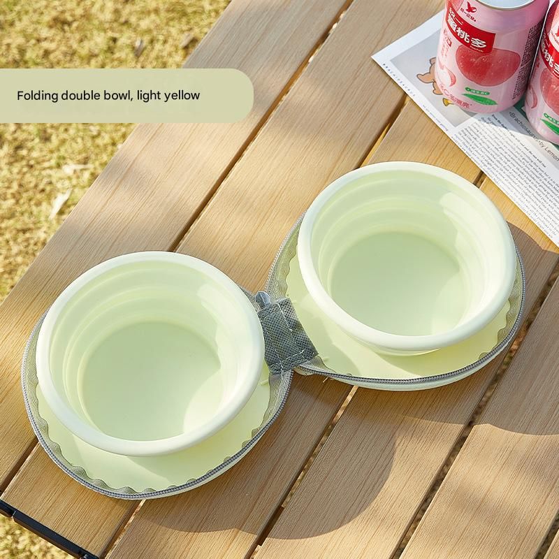 Light Yellow Portable Collapsible Silicone Pet Bowl - Food Grade Silicone - Dual Bowl Design, Adjustable Height, Lightweight & Compact, Bear Paw Pattern, for Dogs & Cats, Travel Friendly, Easy Clean