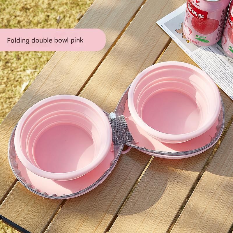 Pink Portable Collapsible Silicone Pet Bowl - Food Grade Silicone - Dual Bowl Design, Adjustable Height, Lightweight & Compact, Bear Paw Pattern, for Dogs & Cats, Travel Friendly, Easy Clean