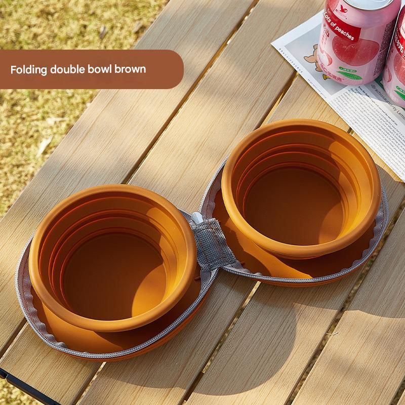 Brown Portable Collapsible Silicone Pet Bowl - Food Grade Silicone - Dual Bowl Design, Adjustable Height, Lightweight & Compact, Bear Paw Pattern, for Dogs & Cats, Travel Friendly, Easy Clean