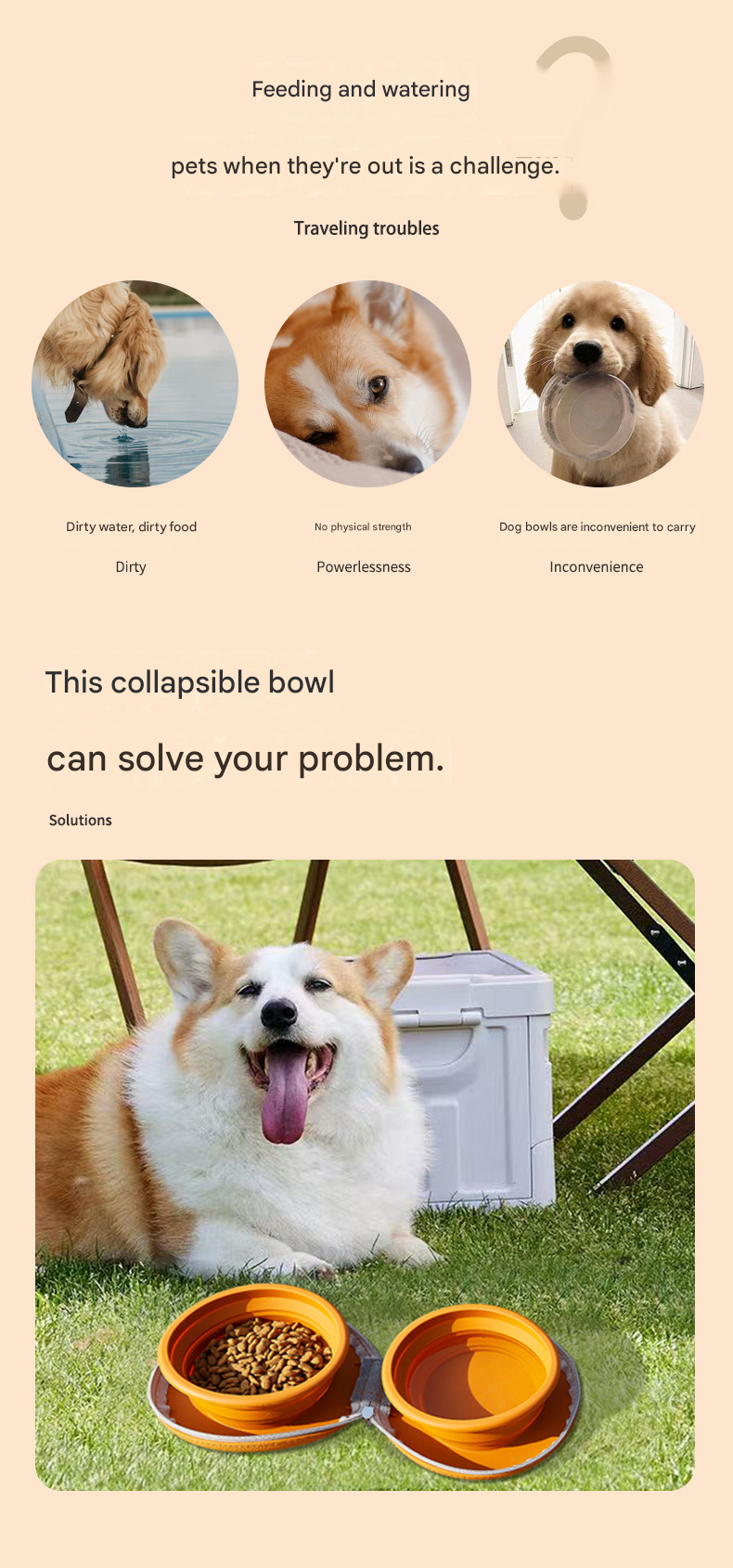 Brown and Pink Portable Collapsible Silicone Pet Bowl - Food Grade Silicone - Dual Bowl Design, Adjustable Height, Lightweight & Compact, Bear Paw Pattern, for Dogs & Cats, Travel Friendly, Easy Clean