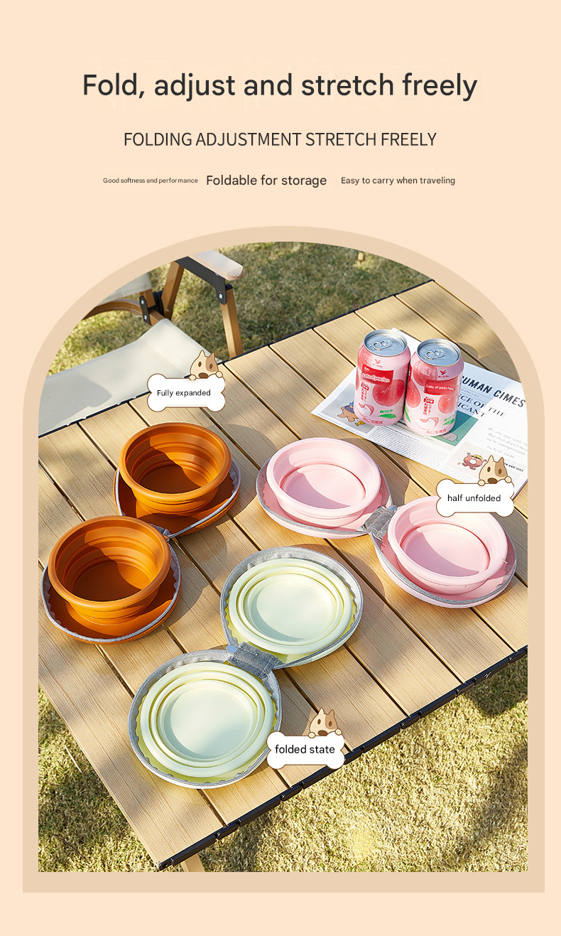 Brown and Pink Portable Collapsible Silicone Pet Bowl - Food Grade Silicone - Dual Bowl Design, Adjustable Height, Lightweight & Compact, Bear Paw Pattern, for Dogs & Cats, Travel Friendly, Easy Clean