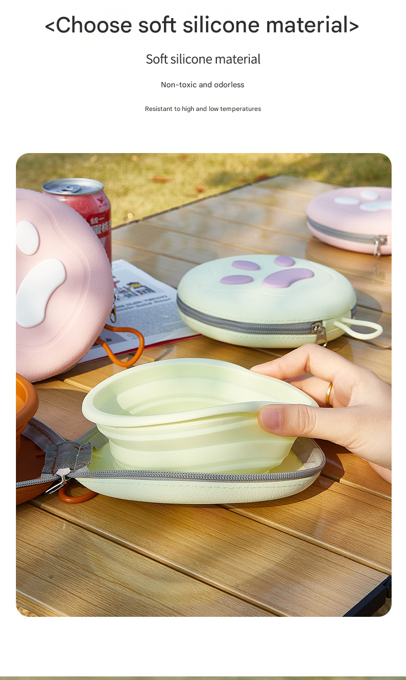 Brown and Pink Portable Collapsible Silicone Pet Bowl - Food Grade Silicone - Dual Bowl Design, Adjustable Height, Lightweight & Compact, Bear Paw Pattern, for Dogs & Cats, Travel Friendly, Easy Clean