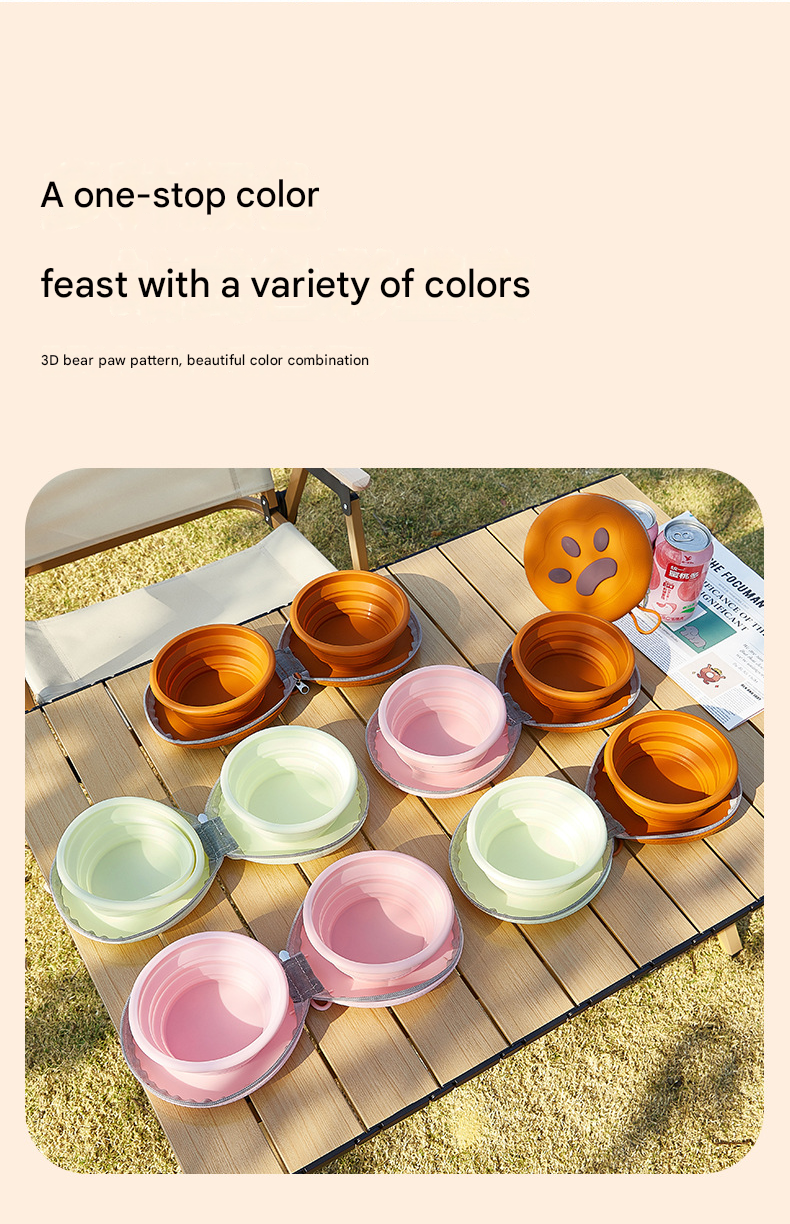 Brown and Pink Portable Collapsible Silicone Pet Bowl - Food Grade Silicone - Dual Bowl Design, Adjustable Height, Lightweight & Compact, Bear Paw Pattern, for Dogs & Cats, Travel Friendly, Easy Clean