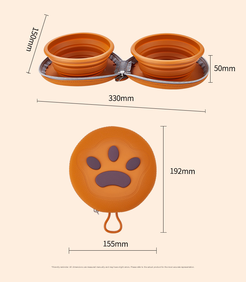 Brown and Pink Portable Collapsible Silicone Pet Bowl - Food Grade Silicone - Dual Bowl Design, Adjustable Height, Lightweight & Compact, Bear Paw Pattern, for Dogs & Cats, Travel Friendly, Easy Clean