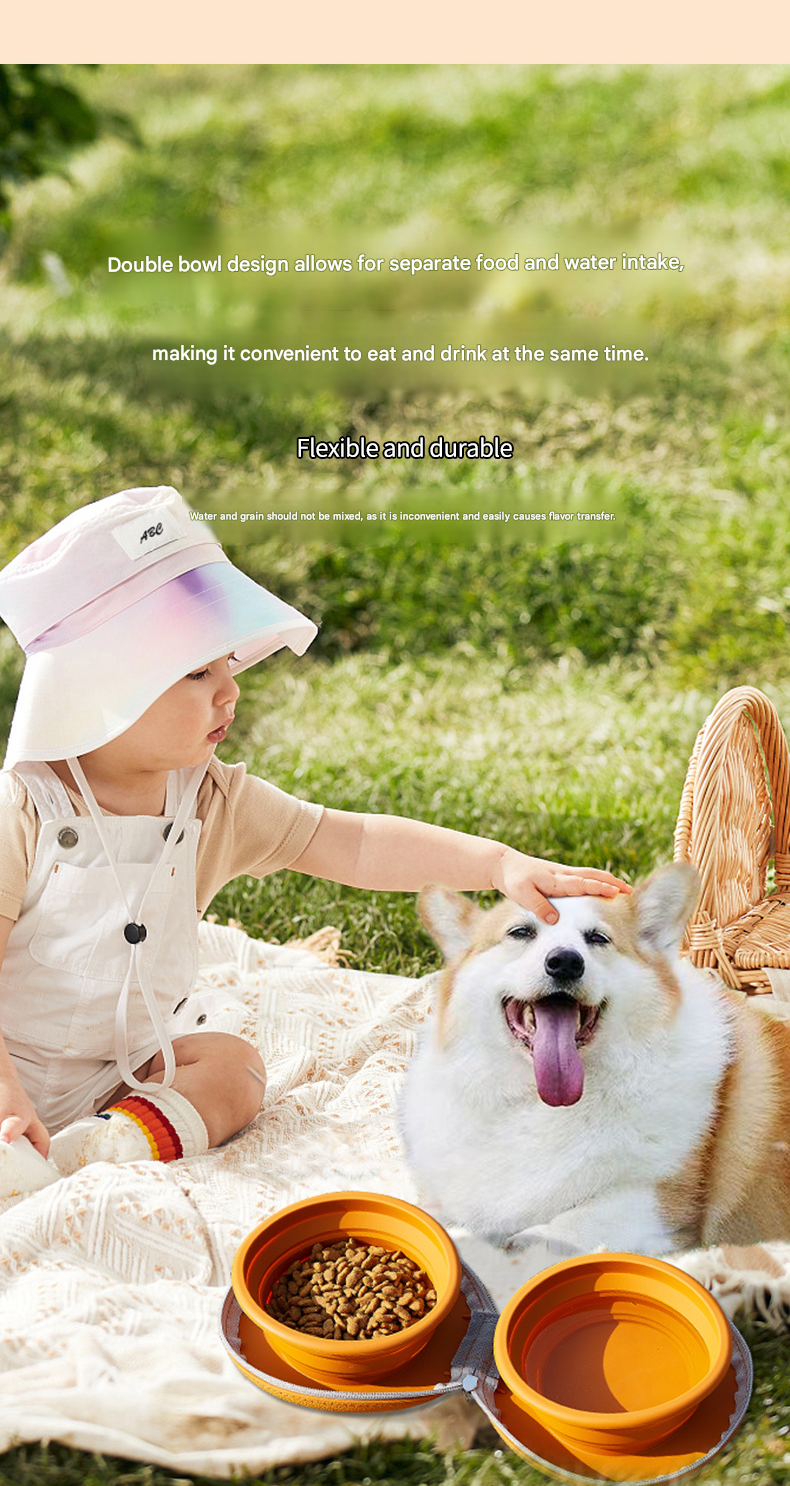 Brown and Yellow Portable Collapsible Silicone Pet Bowl - Food Grade Silicone - Dual Bowl Design, Adjustable Height, Lightweight & Compact, Bear Paw Pattern, for Dogs & Cats, Travel Friendly, Easy Clean
