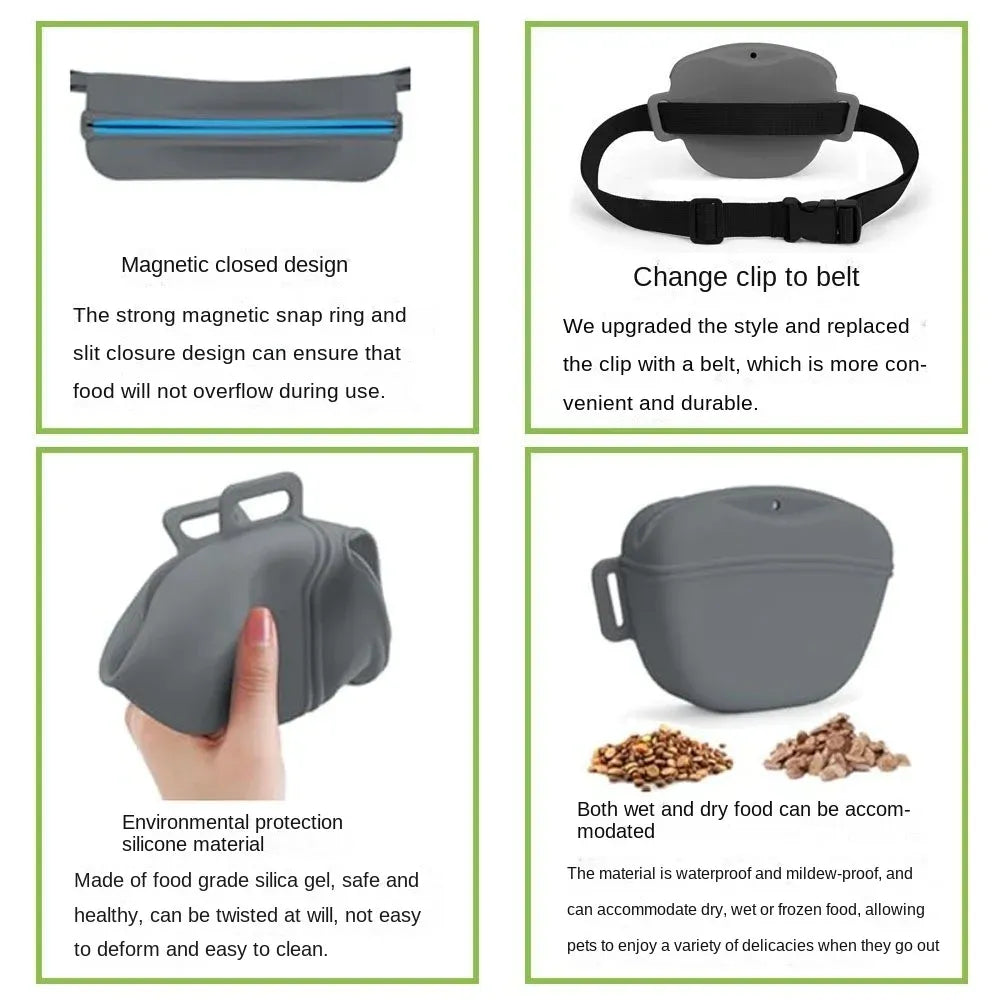 Gray Silicone Dog Training Treat Pouch with Adjustable Waist Belt Hands-Free Pet Reward Bag for Outdoor Walks