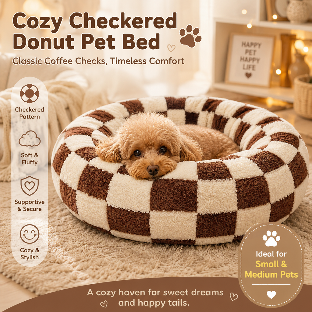 Small Medium Pet Donut Bed (Coffee plaid) -50cm outer diameter, Soft Plush Round Dog Bed and Cat Bed with Raised Rim, Cozy Calming Pet Sleeping Cushion, Checkered Washable Puppy Bed for Indoor Small Dogs Cats and Kittens