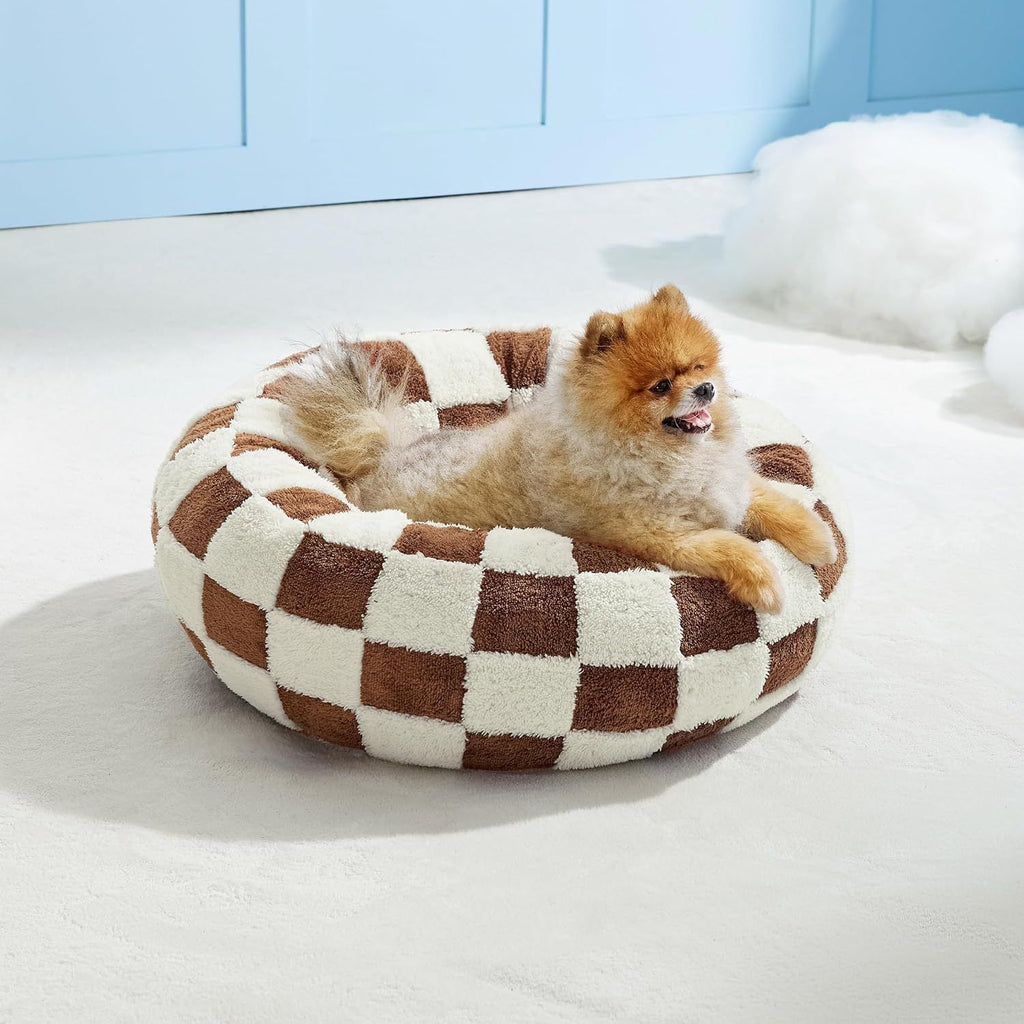 Small Medium Pet Donut Bed (Coffee plaid)-60cm outer diameter, Soft Plush Round Dog Bed and Cat Bed with Raised Rim, Cozy Calming Pet Sleeping Cushion, Checkered Washable Puppy Bed for Indoor Small Dogs Cats and Kittens