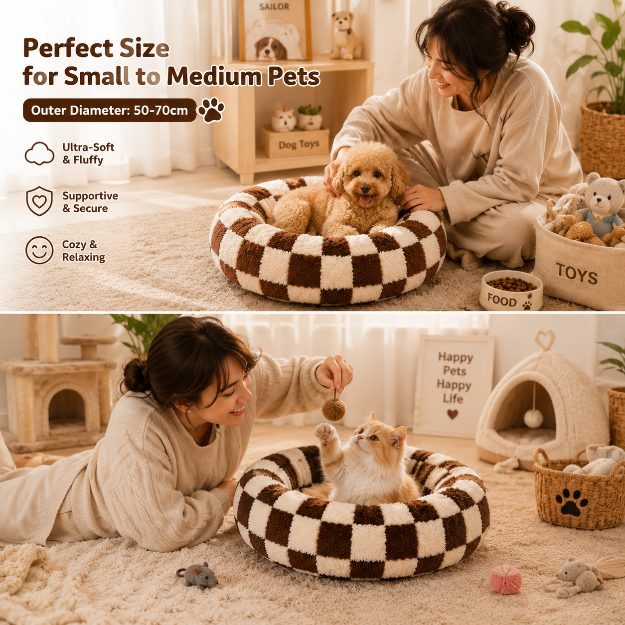 Medium Large Pet Donut Bed (Coffee plaid)-70cm outer diameter, Soft Plush Round Dog Bed and Cat Bed with Raised Rim, Cozy Calming Pet Sleeping Cushion, Checkered Washable Dog Bed for Medium Large Dogs and Cats