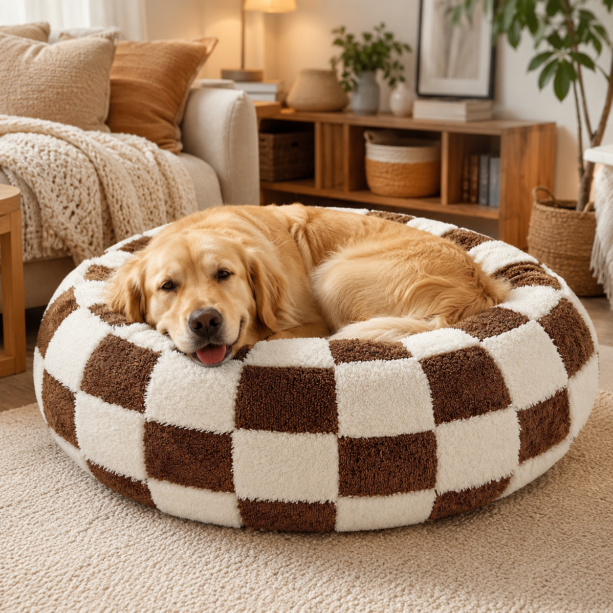 Medium Large Pet Donut Bed (Coffee plaid)-70cm outer diameter, Soft Plush Round Dog Bed and Cat Bed with Raised Rim, Cozy Calming Pet Sleeping Cushion, Checkered Washable Dog Bed for Medium Large Dogs and Cats