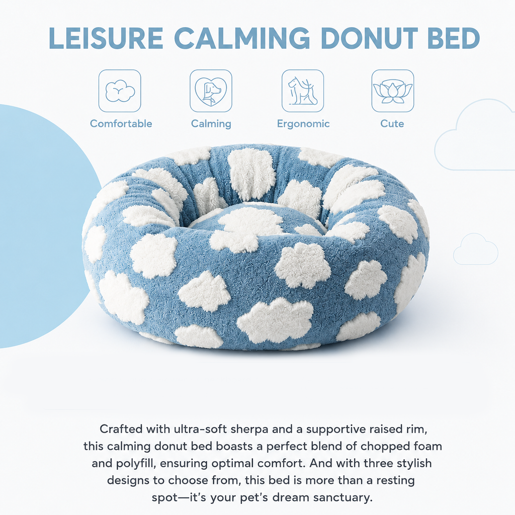 Small Medium Pet Donut Bed-50cm outer diameter, Soft Plush Round Dog Bed and Cat Bed with Raised Rim, Cozy Calming Pet Sleeping Cushion, Blue Cloud Pattern Washable Pet Bed for Small Medium Dogs Cats Puppies and Kittens